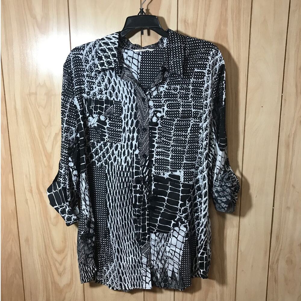 TanJay Vintage Whimsigoth Black White Patchwork Print Blouse XL